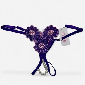 BNWT Crotchless Flower Embroidered Pearl Thong